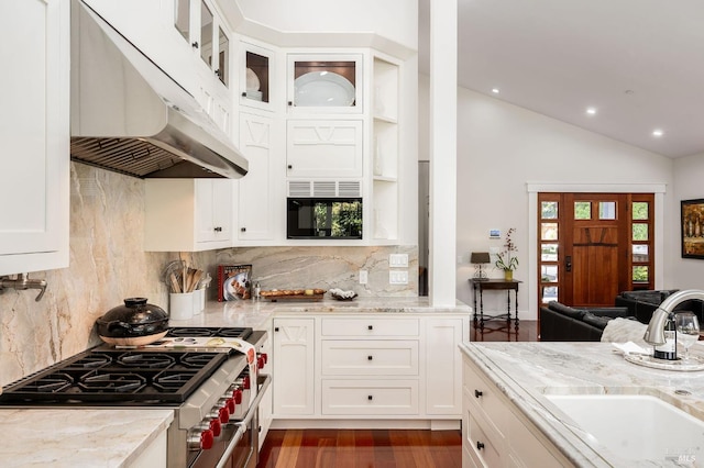 kitchen with sink, backsplash, white cabinetry, high end stove, and light stone countertops