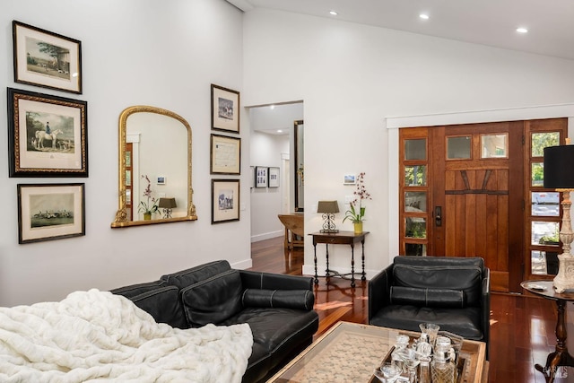 living room featuring high vaulted ceiling and dark wood-type flooring