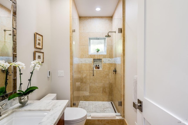 bathroom featuring an enclosed shower, vanity, and toilet