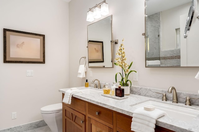 bathroom featuring an enclosed shower, tile patterned floors, vanity, and toilet