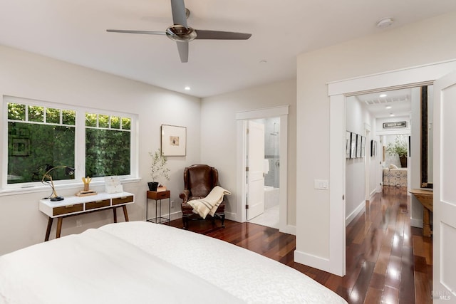 bedroom featuring ensuite bathroom, ceiling fan, and dark hardwood / wood-style flooring