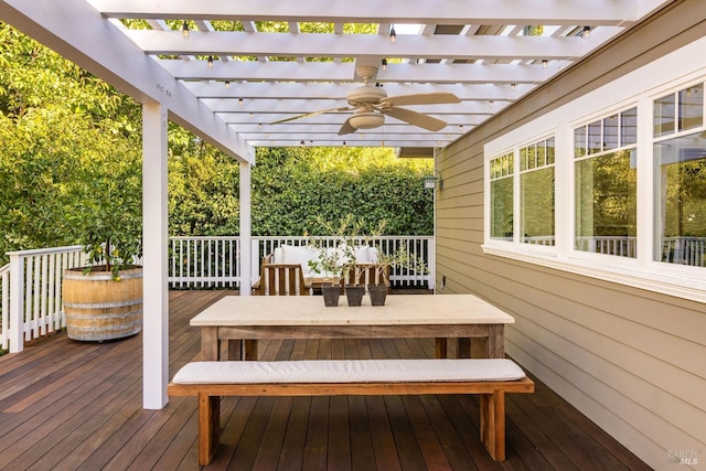 deck featuring a pergola and ceiling fan