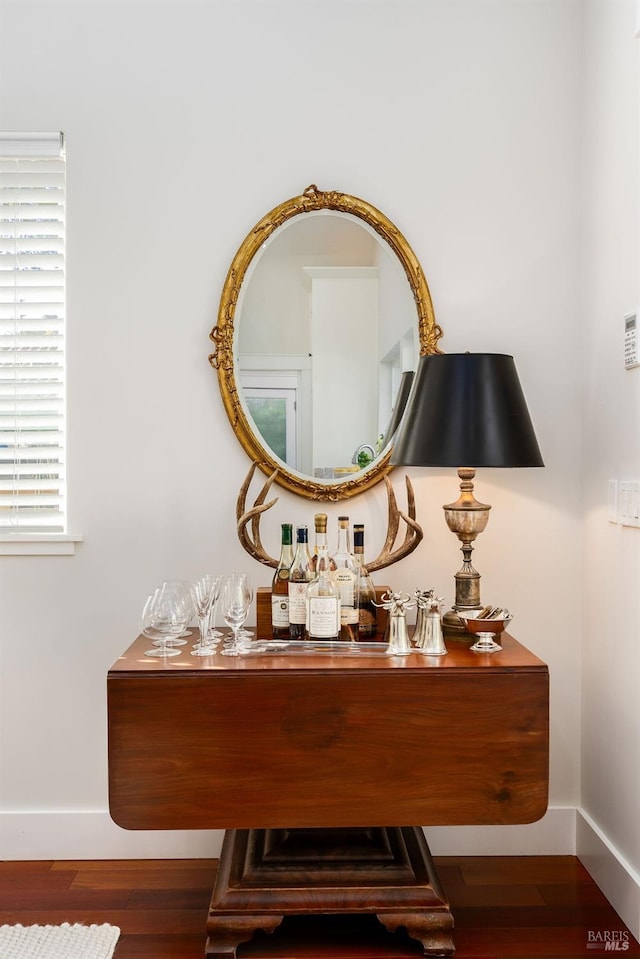 details featuring hardwood / wood-style flooring and bar area