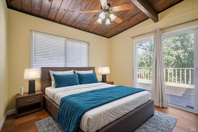 bedroom featuring ceiling fan, access to exterior, vaulted ceiling with beams, light tile patterned floors, and wooden ceiling