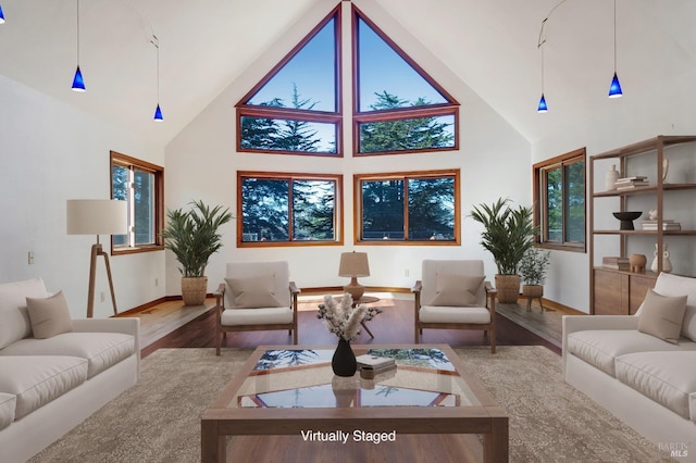 living room featuring plenty of natural light, hardwood / wood-style floors, and high vaulted ceiling