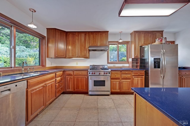 3925 Bay Hill Rd, Bodega Bay, CA 94923 - kitchen featuring appliances with stainless steel finishes, pendant lighting, under cabinet range hood, and a sink