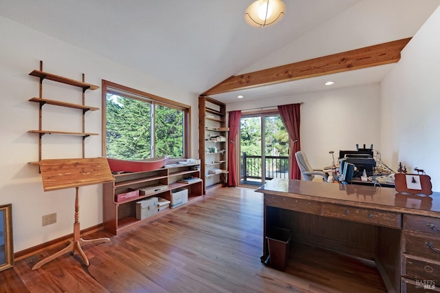 office space with lofted ceiling and wood-type flooring