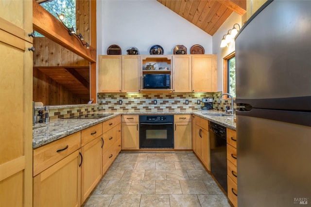 38120 Ocean Ridge Dr, Gualala, CA 95445 - kitchen featuring black appliances, a sink, wooden ceiling, light brown cabinetry, and high vaulted ceiling