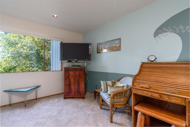 living area featuring light colored carpet