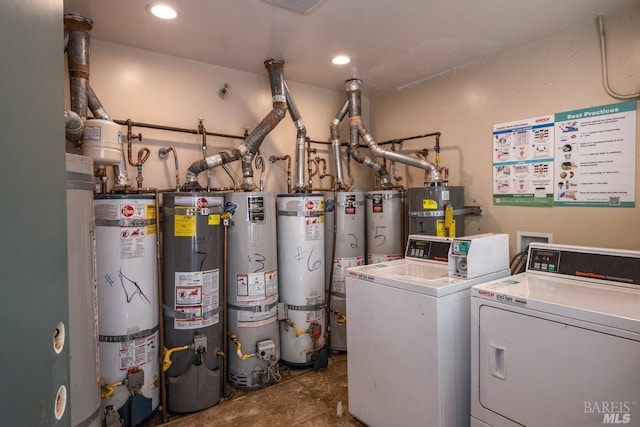 utility room with independent washer and dryer, strapped water heater, and gas water heater