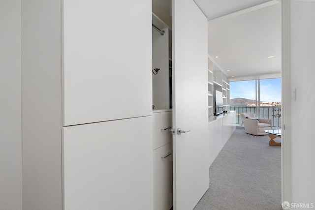 corridor featuring a wall of windows and light colored carpet