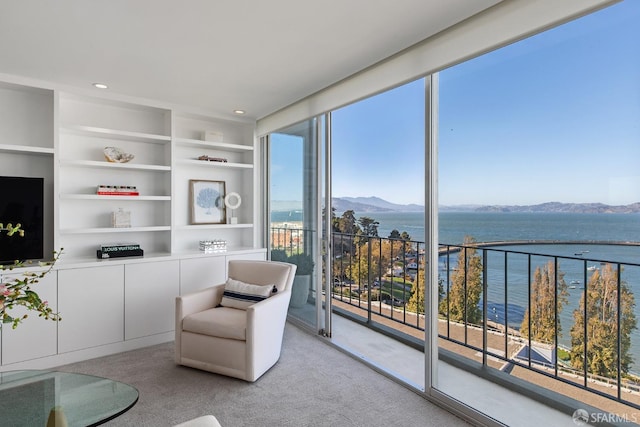 interior space featuring a water and mountain view, light carpet, and built in features