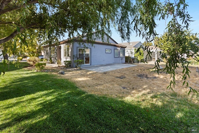 back of house with a patio, a lawn, and stucco siding