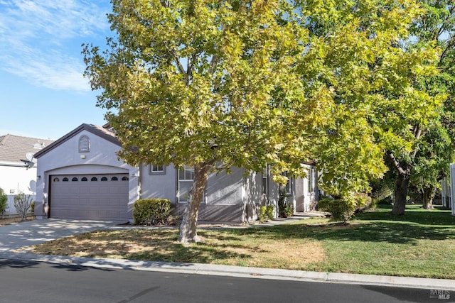 obstructed view of property featuring driveway, a garage, a front lawn, and stucco siding