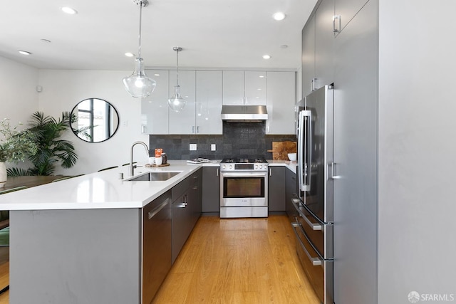 kitchen with sink, light hardwood / wood-style flooring, hanging light fixtures, stainless steel appliances, and kitchen peninsula