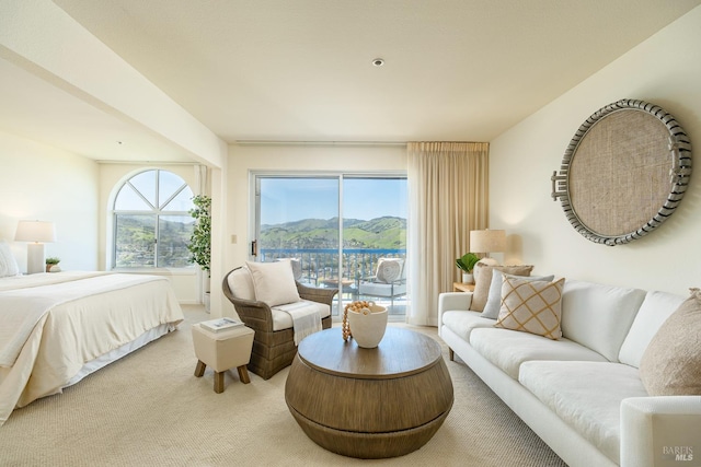 bedroom with multiple windows, a mountain view, carpet flooring, and access to exterior