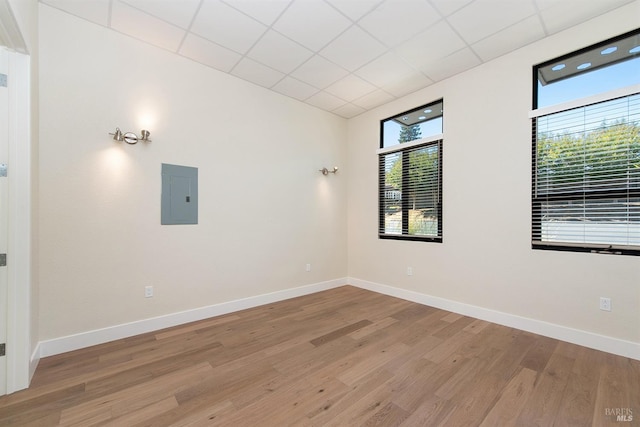 empty room with electric panel, a drop ceiling, and light hardwood / wood-style floors