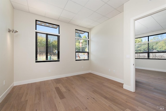 empty room featuring light wood-type flooring and a paneled ceiling