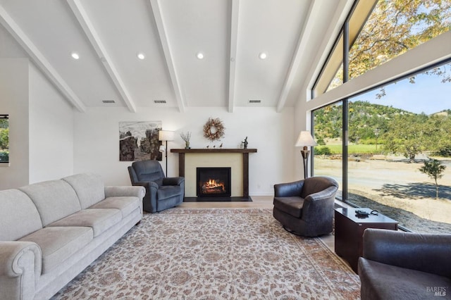 living room featuring beam ceiling, hardwood / wood-style flooring, and a high ceiling