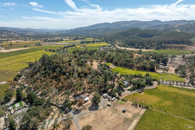 drone / aerial view featuring a mountain view and a rural view