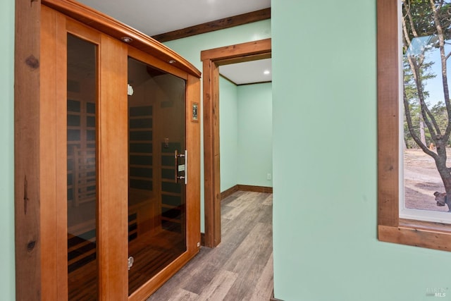 view of sauna featuring wood-type flooring