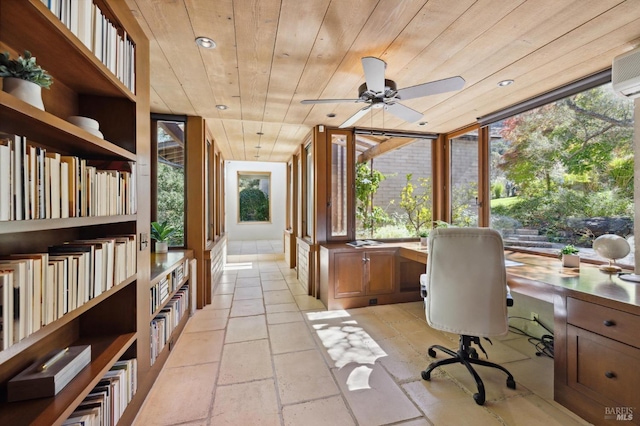 office with a ceiling fan, recessed lighting, wood ceiling, and built in desk