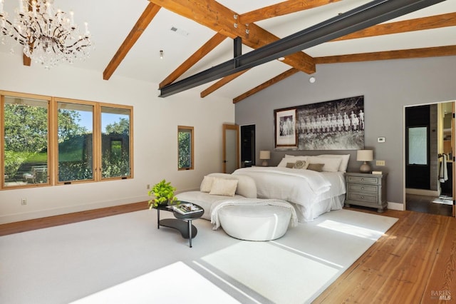 bedroom with baseboards, a chandelier, beam ceiling, wood finished floors, and high vaulted ceiling