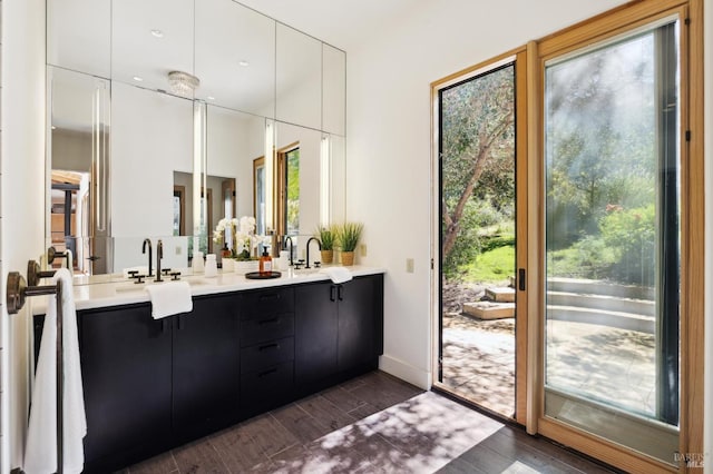 bathroom featuring wood finish floors, baseboards, double vanity, and a sink