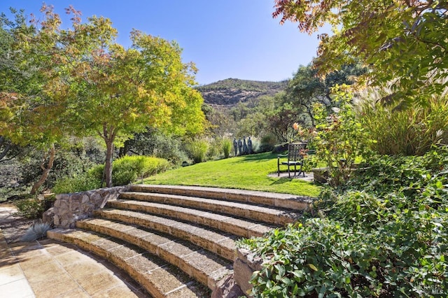 surrounding community with a yard, a patio area, and a mountain view