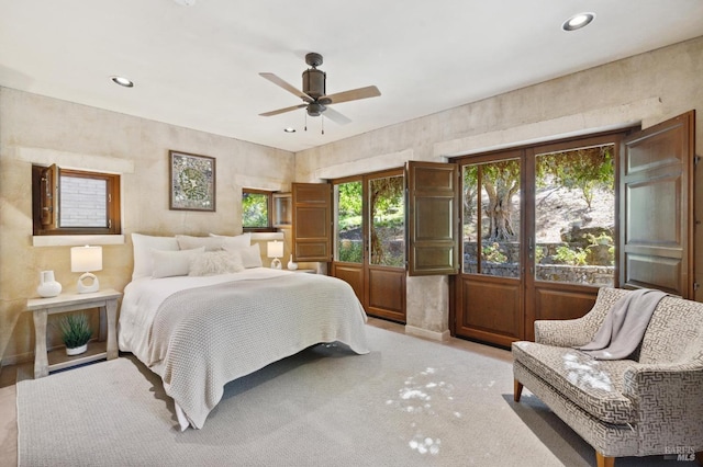 bedroom with recessed lighting, a ceiling fan, and baseboards