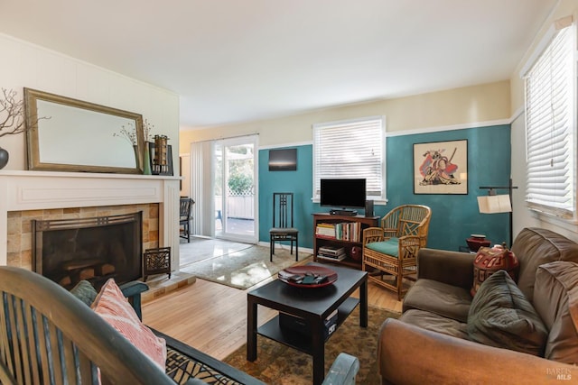 living room featuring hardwood / wood-style flooring and a fireplace