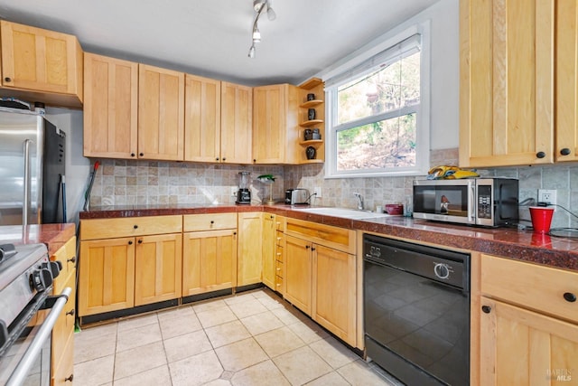 kitchen with light brown cabinetry, stainless steel appliances, backsplash, a sink, and light tile patterned flooring