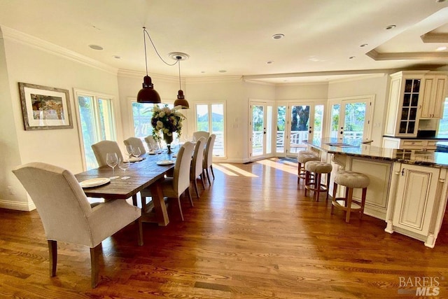 dining room featuring french doors, dark hardwood / wood-style flooring, and a healthy amount of sunlight