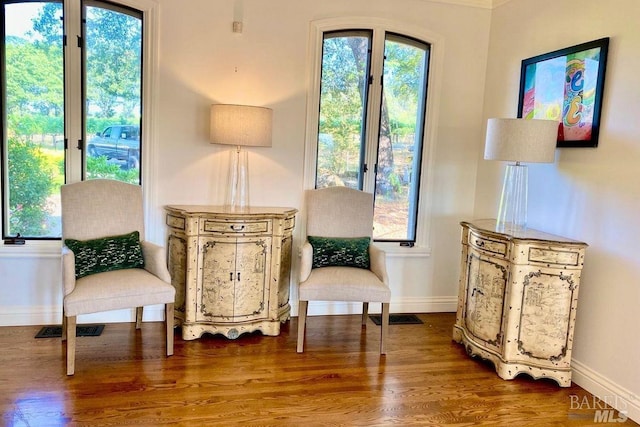living area with hardwood / wood-style flooring