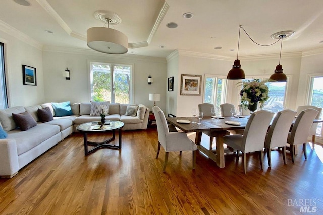 dining room with ornamental molding, a wealth of natural light, and wood-type flooring