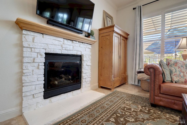 living room featuring crown molding and a fireplace