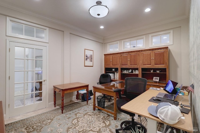 office with ornamental molding, recessed lighting, and light tile patterned floors