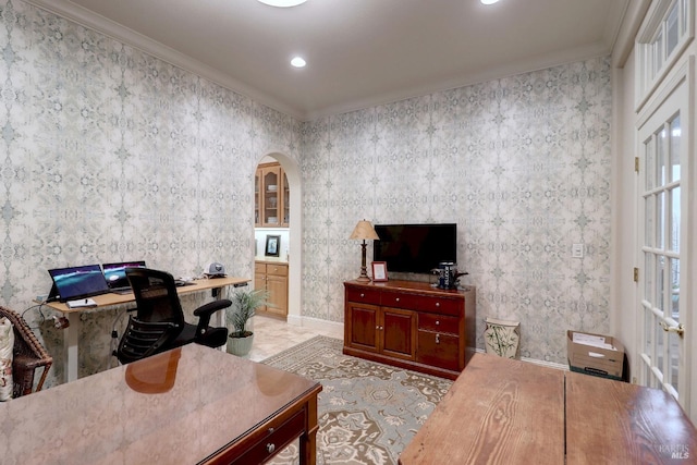 office space with arched walkways, wallpapered walls, recessed lighting, and crown molding