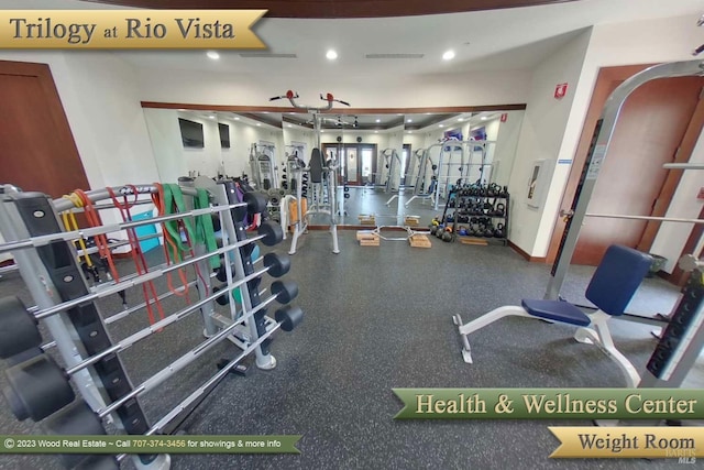 gym with recessed lighting and visible vents