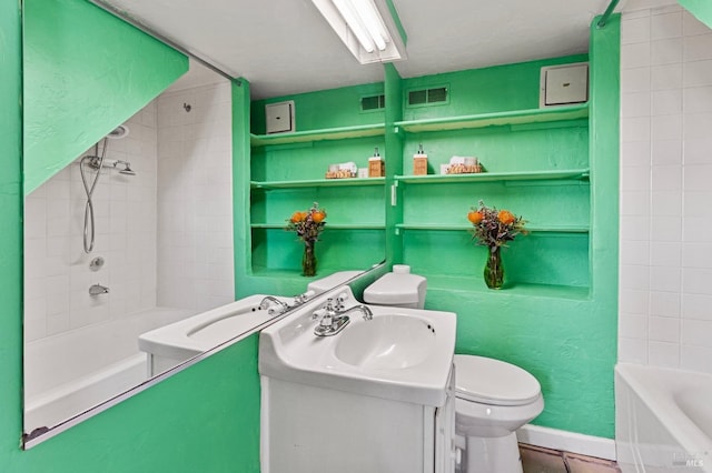 full bathroom featuring shower / bath combination with curtain, tile patterned floors, vanity, and toilet