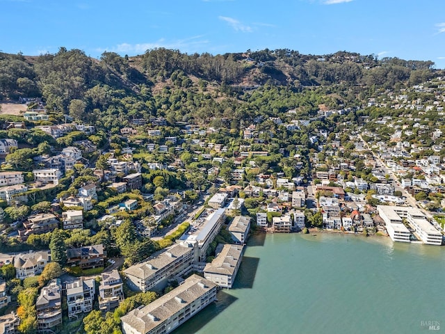 bird's eye view with a water view