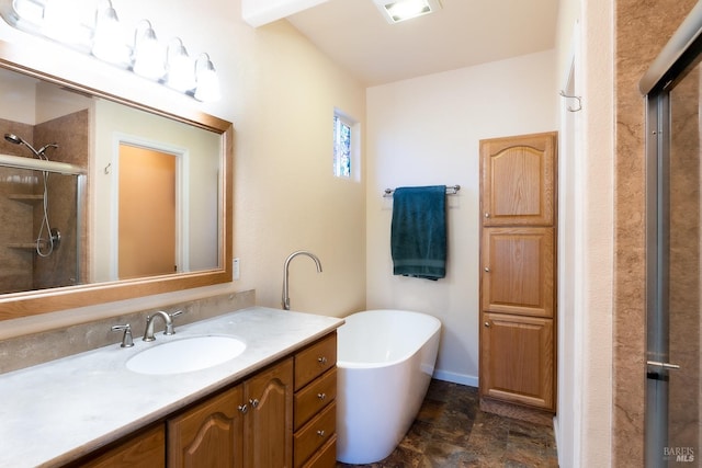 bathroom with independent shower and bath and vanity