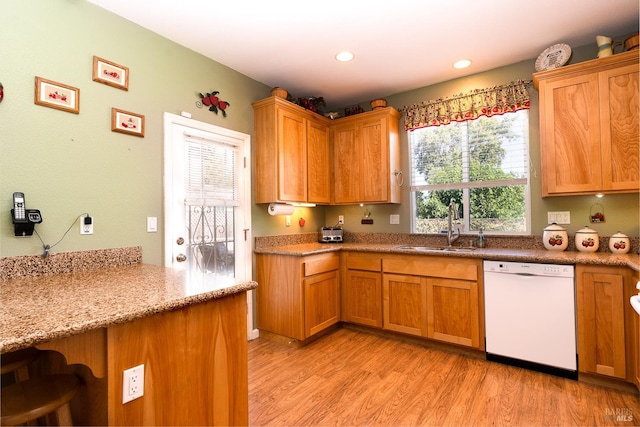 kitchen with white dishwasher, plenty of natural light, sink, and light hardwood / wood-style flooring