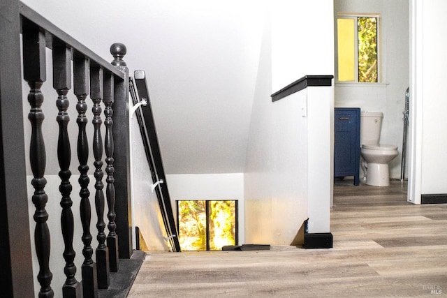 stairs featuring wood finished floors