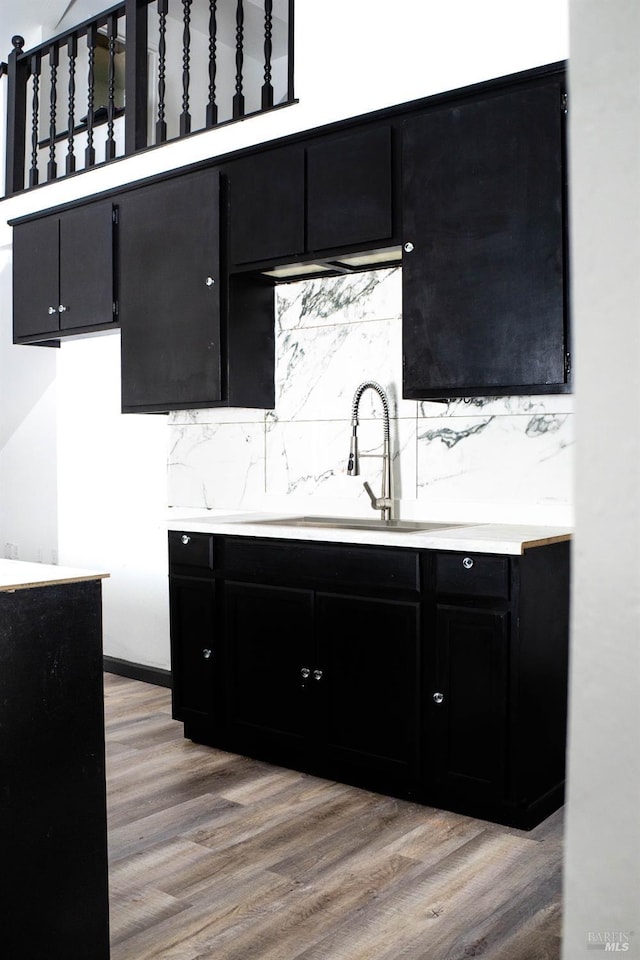 kitchen with tasteful backsplash, light wood-style floors, a sink, and dark cabinets