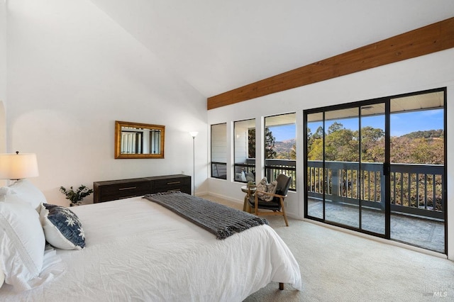 bedroom featuring high vaulted ceiling, carpet flooring, and access to outside