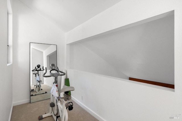 exercise area with lofted ceiling and carpet