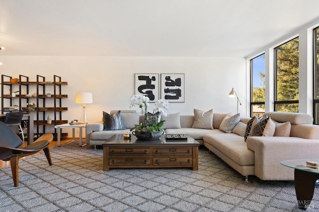 living room with floor to ceiling windows