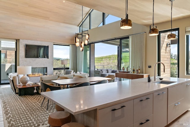 kitchen with a fireplace, light countertops, plenty of natural light, and a sink