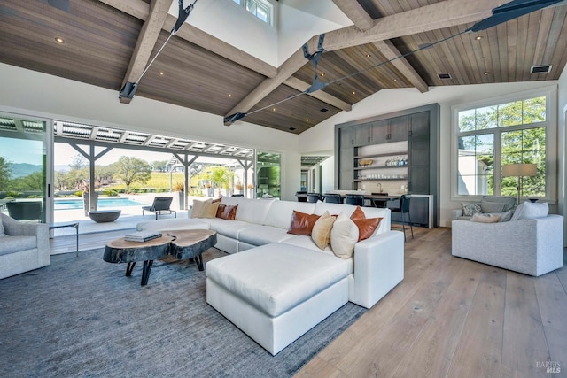 living room with light hardwood / wood-style floors, high vaulted ceiling, wooden ceiling, and beamed ceiling